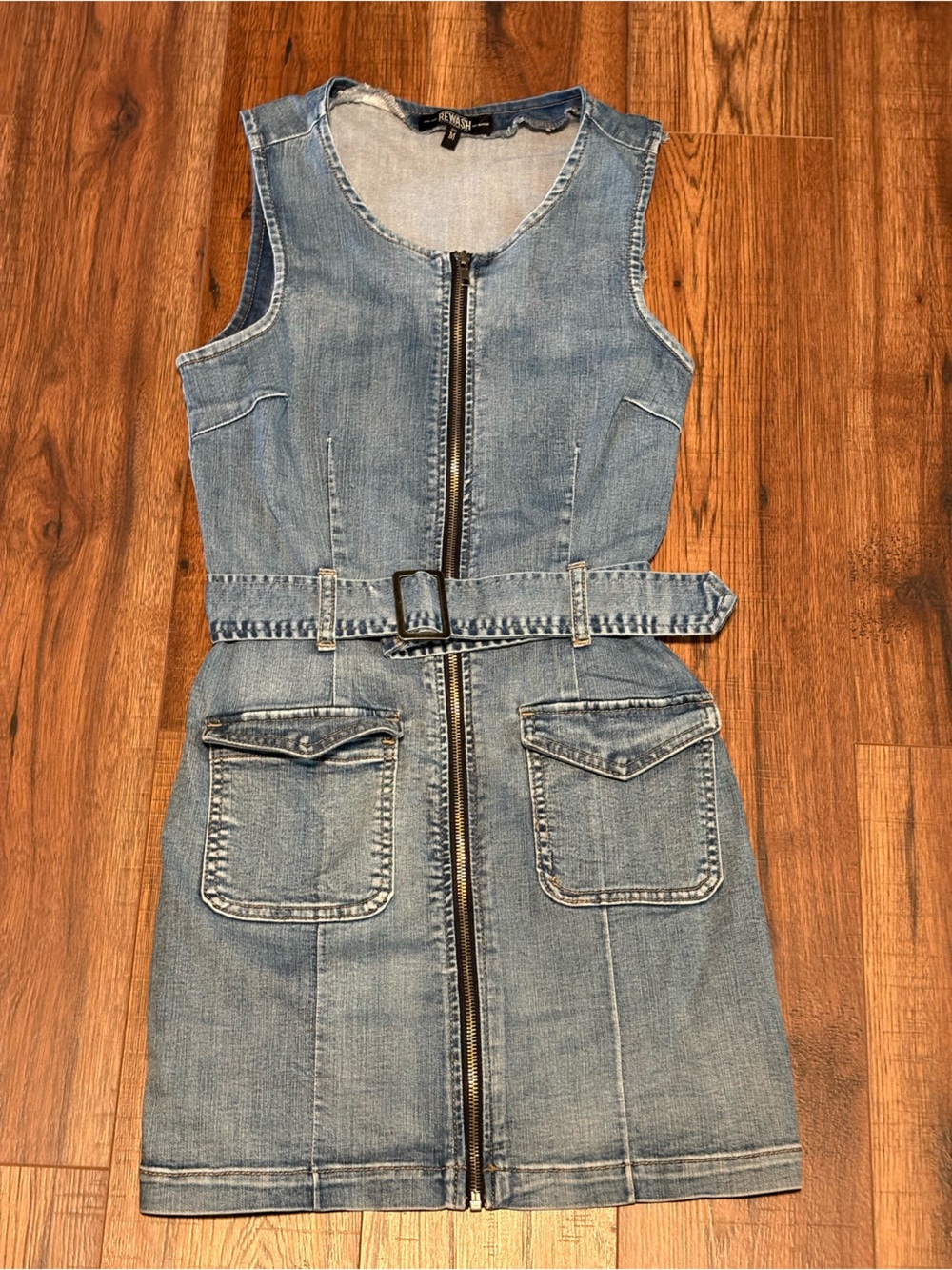 Rewash Light Blue Denim Sleeveless Overall Dress with Front Zip